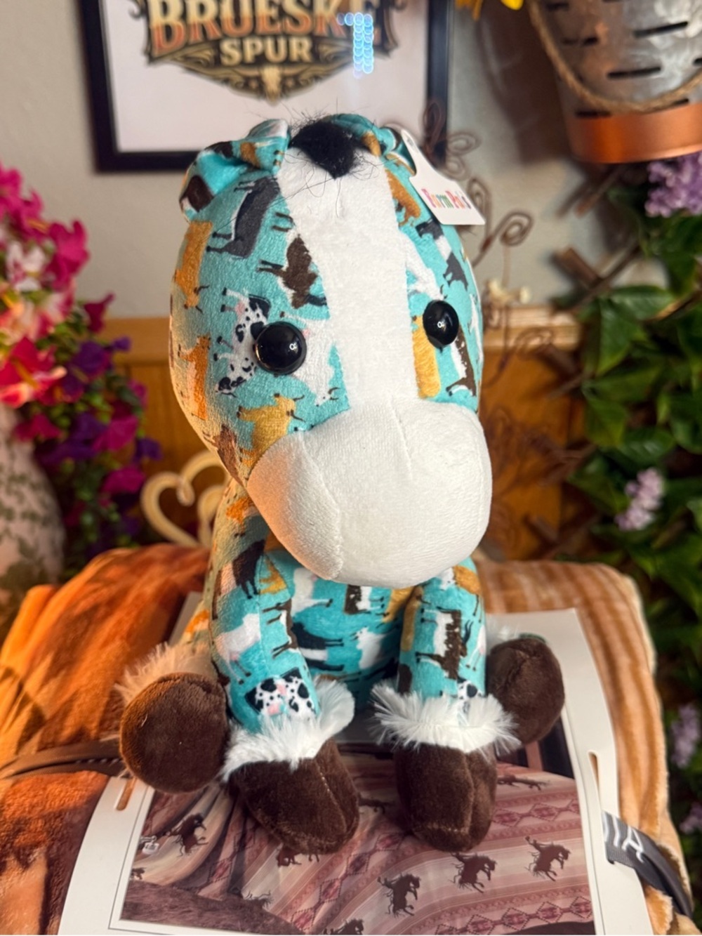 Teal Patch Plush Horse Stuffed Animal - Soft Patterned Toy